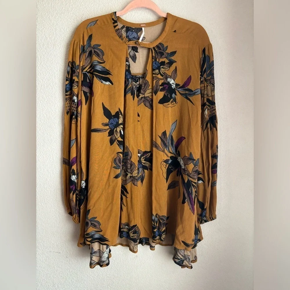 Free People Amber Floral Tree Swing Balloon Sleeve Boho Tunic Mini Dress XS